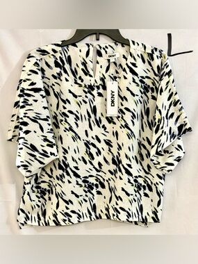 DKNY Black White and Yellow Abstract Print Short Sleeve Blouse